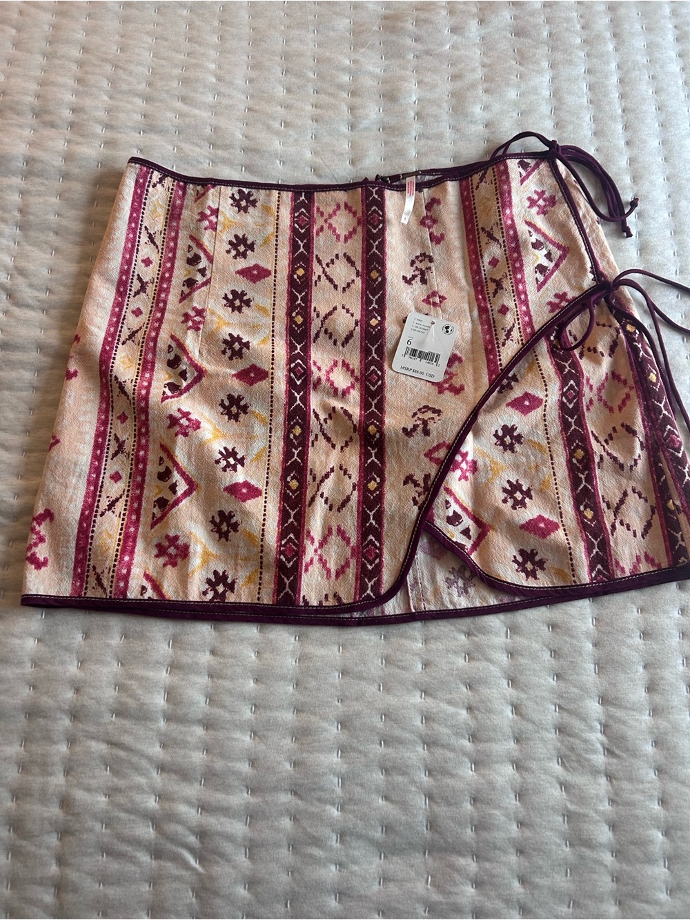 Free People Cream and Burgundy Tribal Wrap Mini Skirt